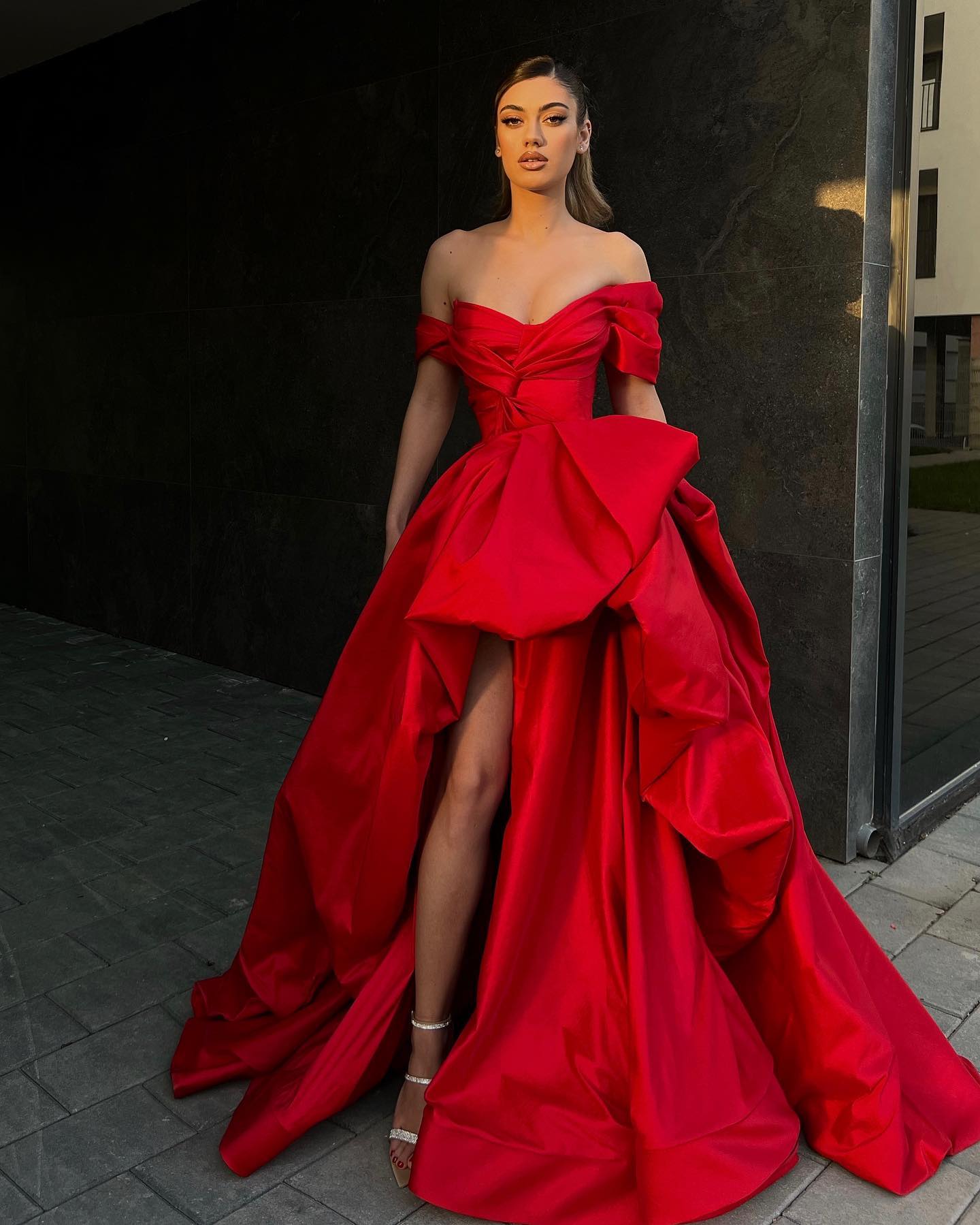 Simple Satin A-Line Off-Shoulder Empire With Side Slit Long Prom Dress