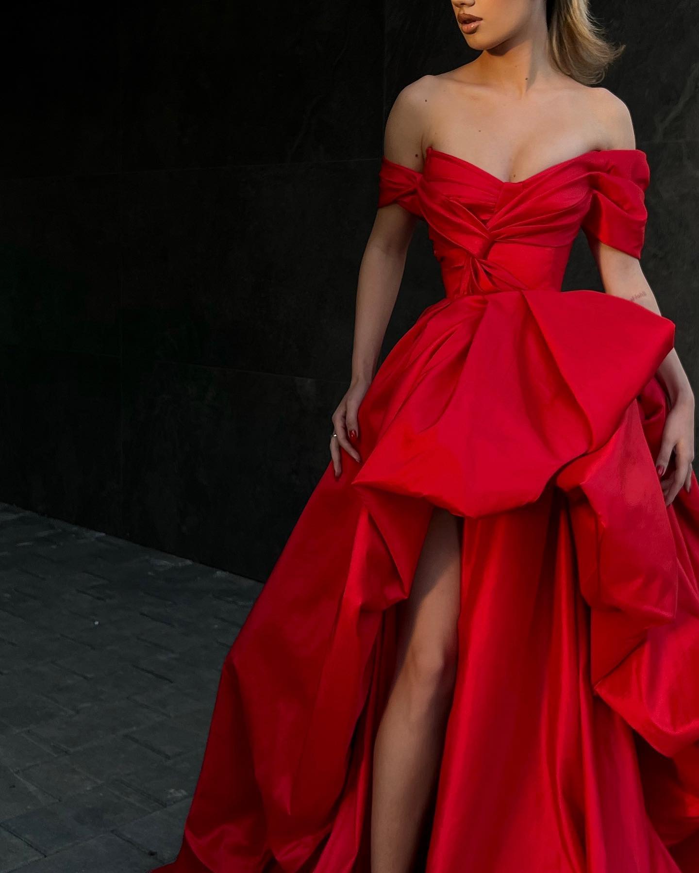 Simple Satin A-Line Off-Shoulder Empire With Side Slit Long Prom Dress