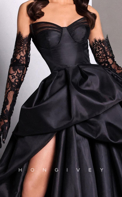 L0982 -Sexy Ornate Illusion Lace Sleeves Strapless With Train and High Slit Prom Formal Evening Party Dress