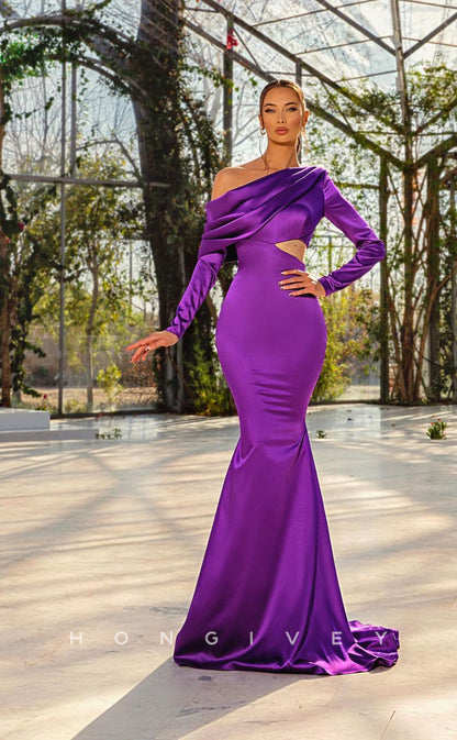 L0986 - Couture Asymmetrical Long Sleeve Mermaid Cutout With Train PromEvening Party Formal Dress