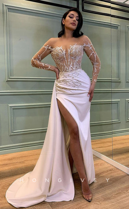 L0992 - Sparkly Ornate Crystal Beaded Illusion With Train And Slit Prom Evening Party Formal Dress