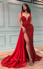 L0996 - Glitter Sequined Paneled Plunging Illusion With Train And Slit Prom Evening Formal Party Dress