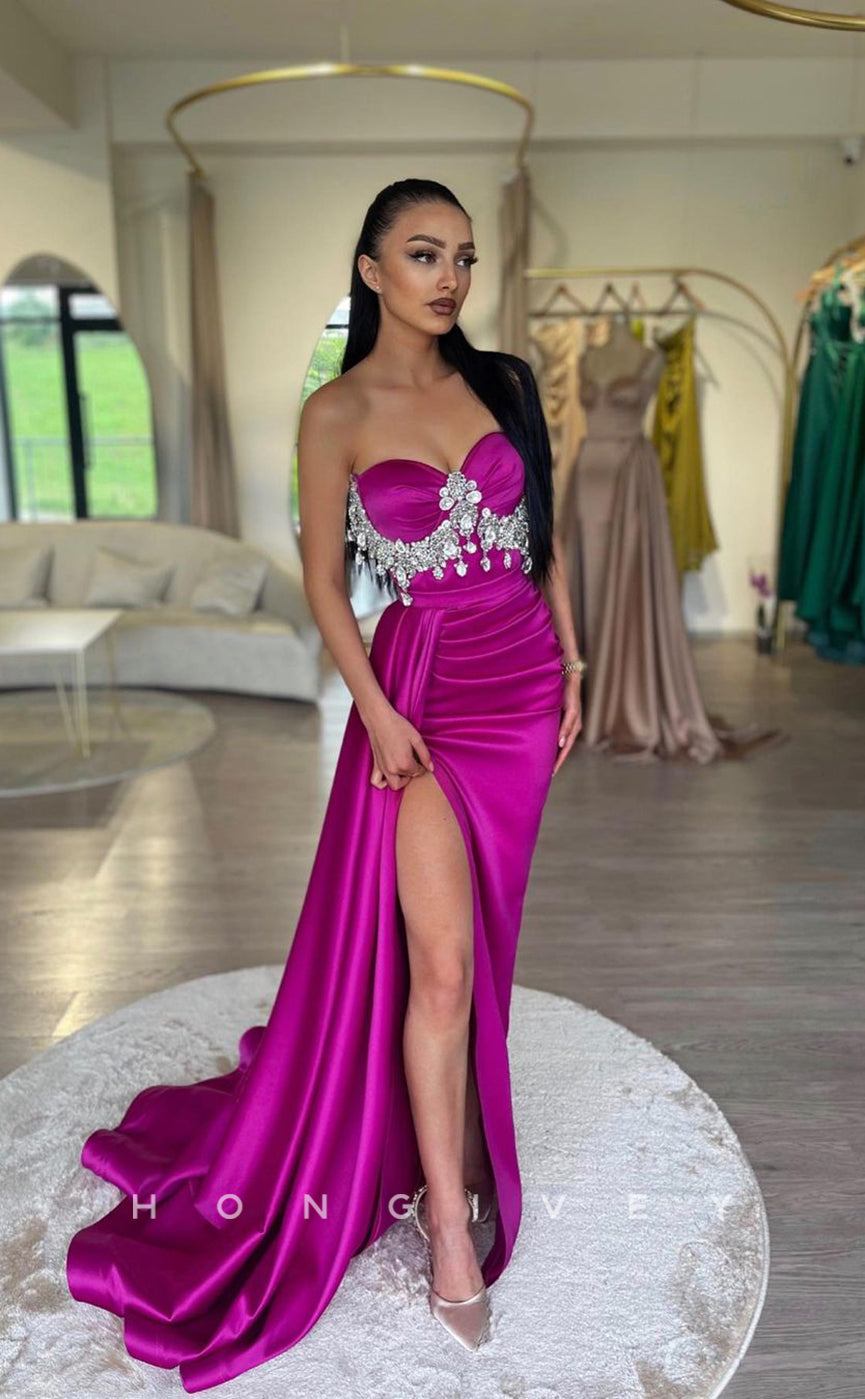 L1025 - Crystal Beaded Strapless Ruched With Train And Slit Evening Prom Formal Party Dress