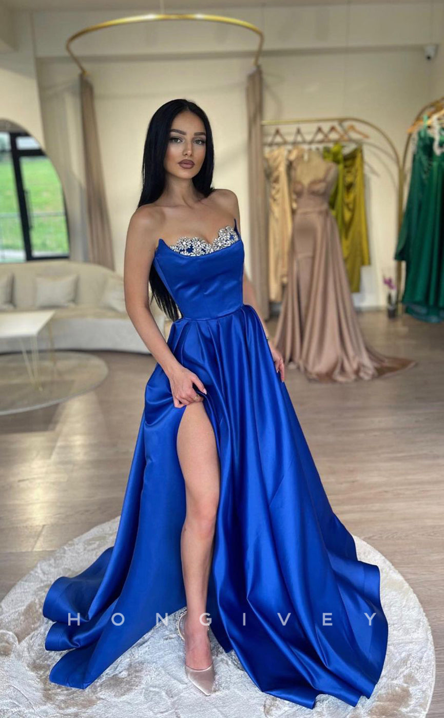 L1030 - Crystal Beaded Strapless With Train And Slit Formal Party Prom Evening Dress