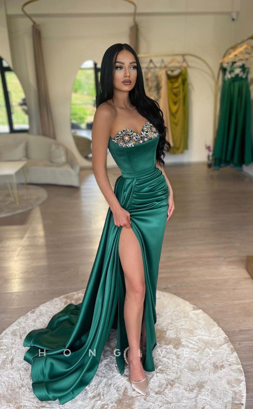 L1036 - Crystal Beaded Ruched With Train And Slit Evening Party Prom Formal Dress
