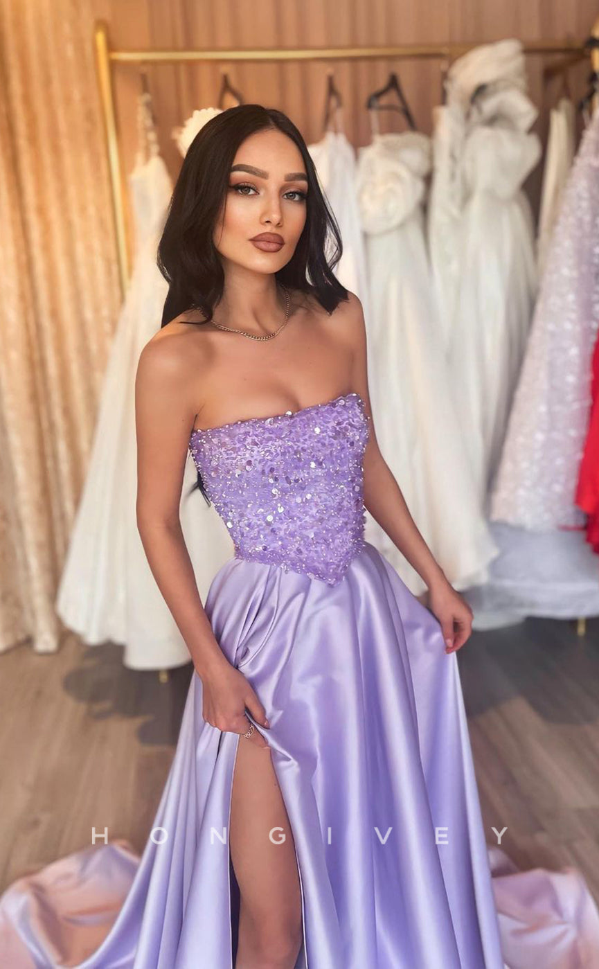 L1038 - Sequined Embellished Strapless Ruched With Train And Slit Party Formal Evening Prom Dress
