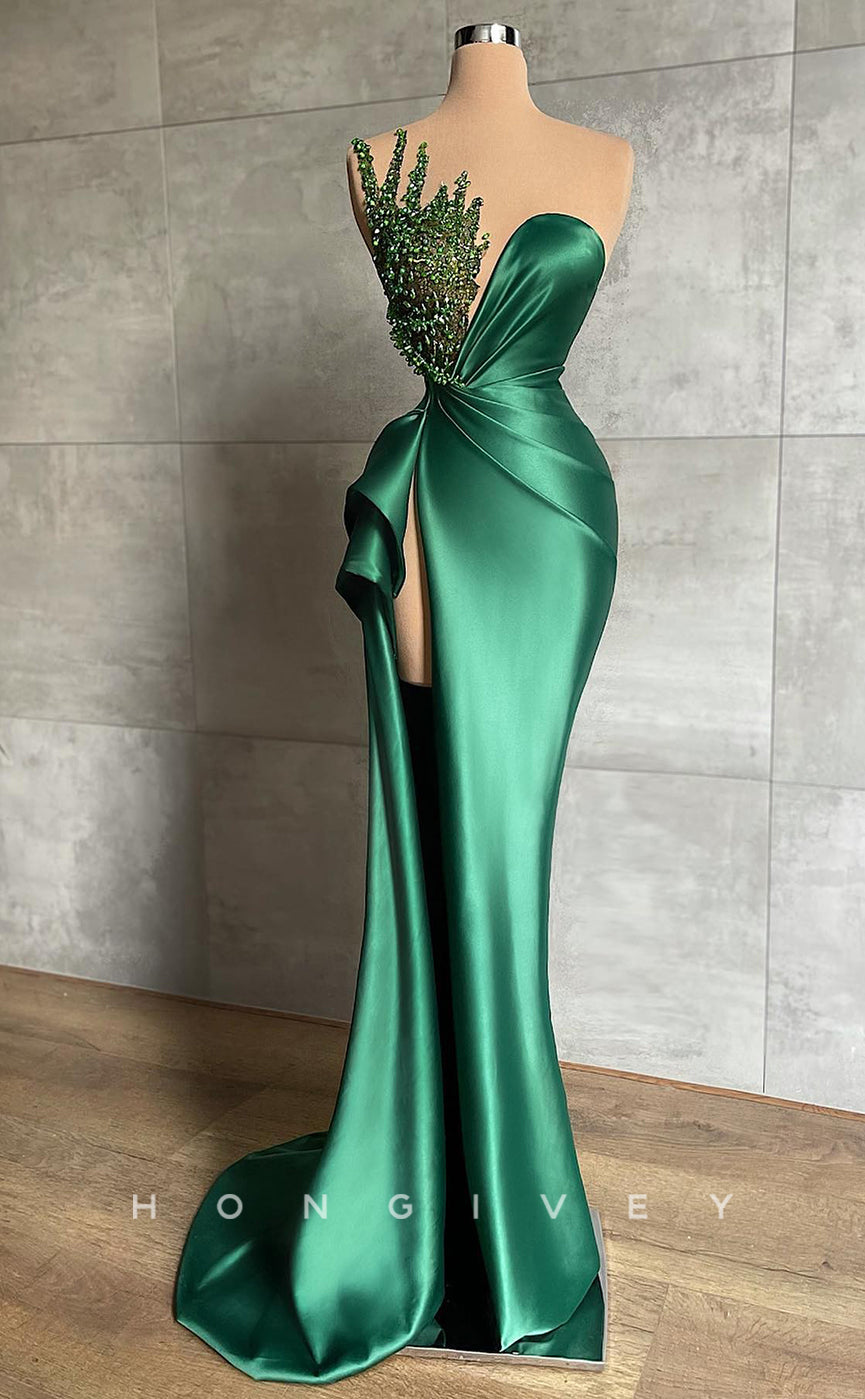 L1044 - Sense Of Design Crystal Beaded Strapless With Train And Slit Party Formal Evening Prom Dress