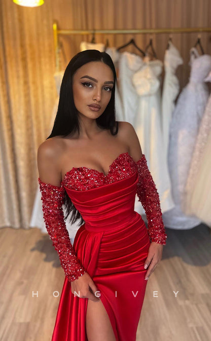 L1045 - Sequined Embellished Long Sleeve Ruched With Train And Slit Party Formal Evening Prom Dress