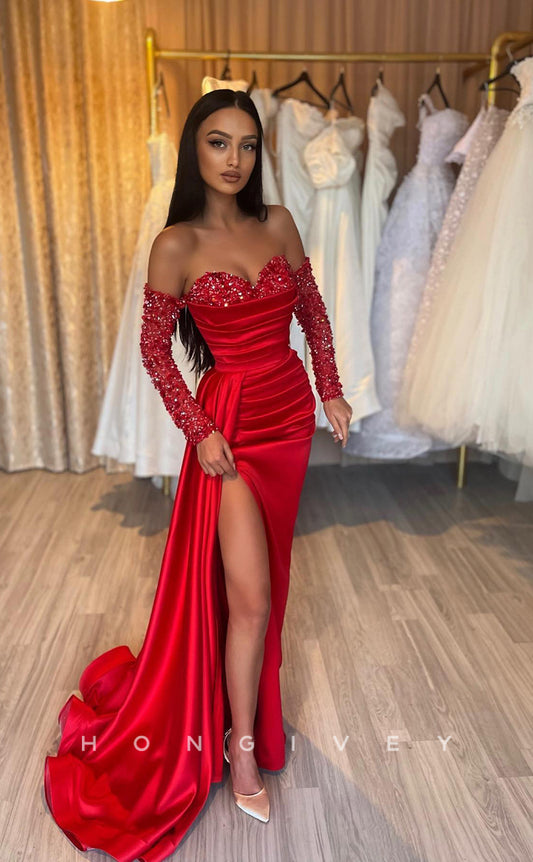 L1045 - Sequined Embellished Long Sleeve Ruched With Train And Slit Party Formal Evening Prom Dress