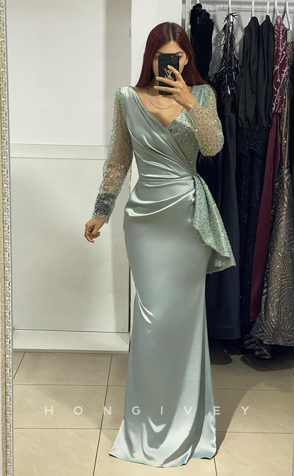 L1047 - Sparkly Sequined Beaded Embellished Long Sleeve With Train Party Formal Evening Prom Dress