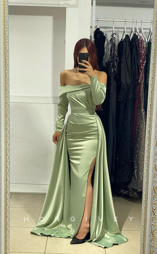 L1048 - Simple Off-Shoudler Long Sleeve With Train And Slit Party Formal Evening Prom Dress