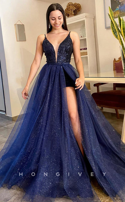 L1049 - Glitter Plunging Neck Overskirt With Train And Slit Party Evening Prom Formal Dress