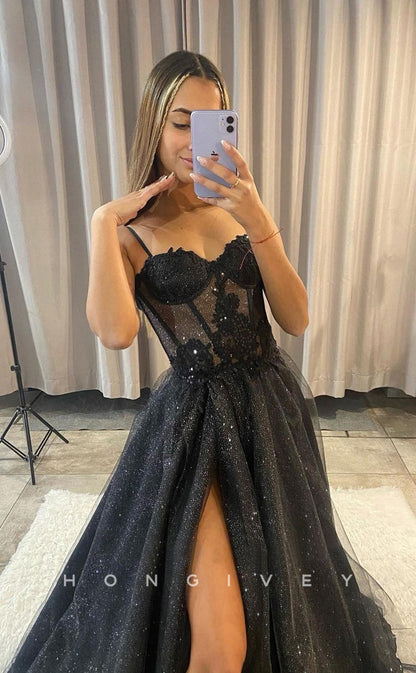L1050 - Sparkly Sheer Lace Embroidered With Train And Slit Party Evening Prom Formal Dress