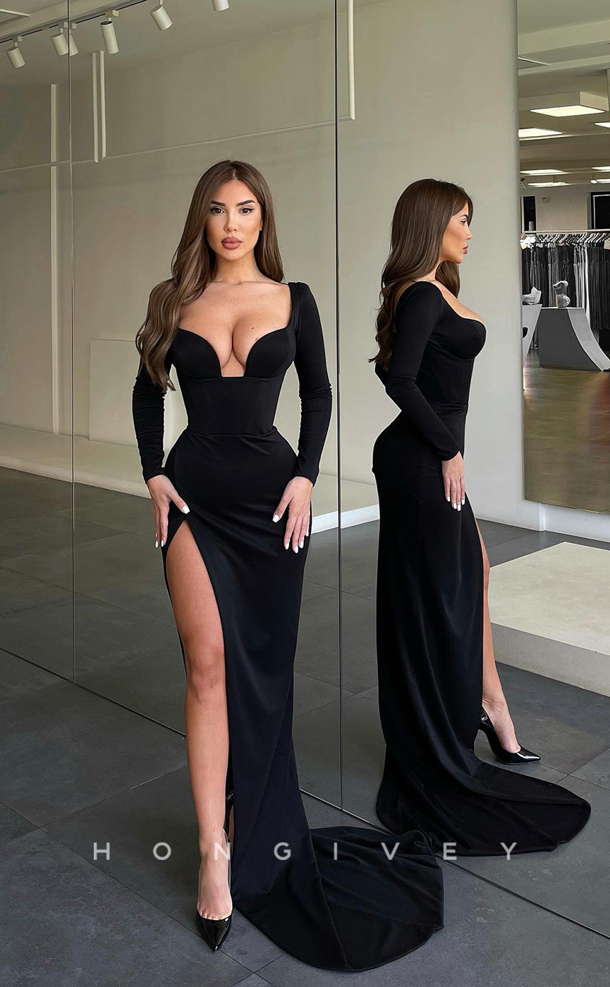 L1052 - Simple Sexy Long Sleeves With Train And Slit Party Prom Formal Evening Dress