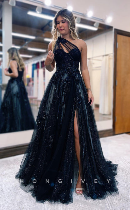 L1060 - Sparkly Sheer Floral Embossed With Train And Slit Evening Formal Party Prom Dress