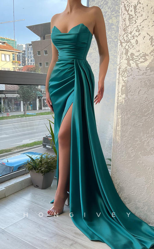 L1061 - Simple Ruched Strapless With Train And Slit Formal Party Prom Evening Dress