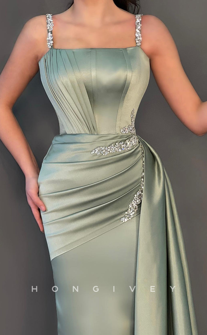 L1062 - Couture Crystal Beaded Ruched With Train Formal Party Prom Evening Dress