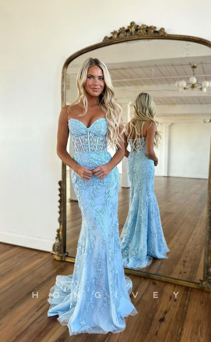 L1066 - Sparkly Fully Lace Embroidered Illusion Strapless Mermaid With Train Evening Formal Party Prom Dress