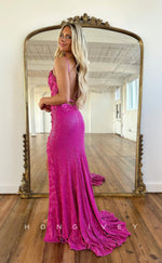 L1069 - Sparkly Plunging Illusion Lace Floral Embossed With Train And Slit Formal Party Prom Evening Dress