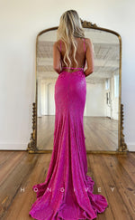 L1069 - Sparkly Plunging Illusion Lace Floral Embossed With Train And Slit Formal Party Prom Evening Dress