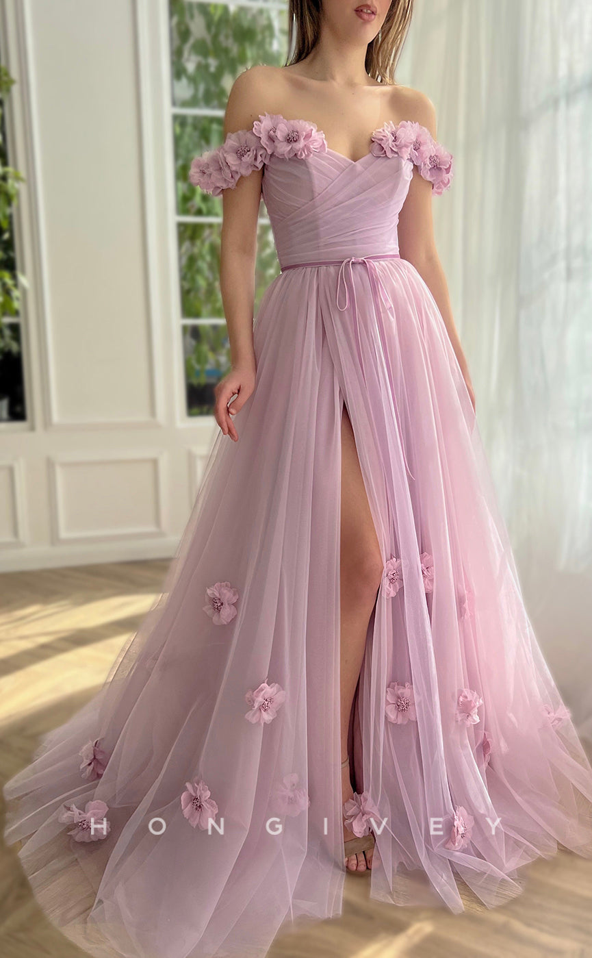 L1070 - Sweet Floral Embossed Lace-Up Back With Train And Slit Party Prom Evening Formal Dress