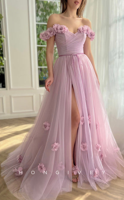 L1070 - Sweet Floral Embossed Lace-Up Back With Train And Slit Party Prom Evening Formal Dress