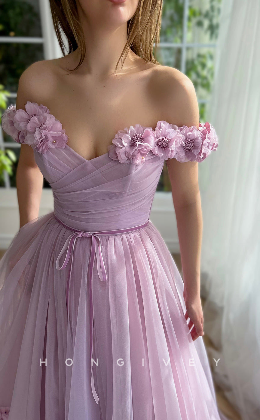 L1070 - Sweet Floral Embossed Lace-Up Back With Train And Slit Party Prom Evening Formal Dress
