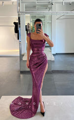 L1077 - Glitter Sexy Ruched With Train And Slit Party Prom Formal Evening Dress