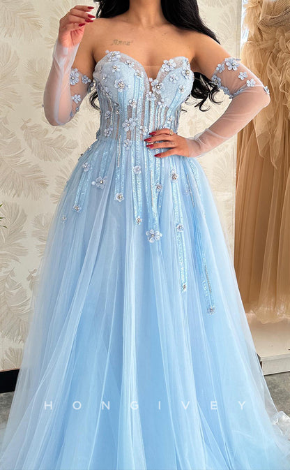L1082 - Floral Embossed Sheer Strapless With Train Party Prom Formal Evening Dress