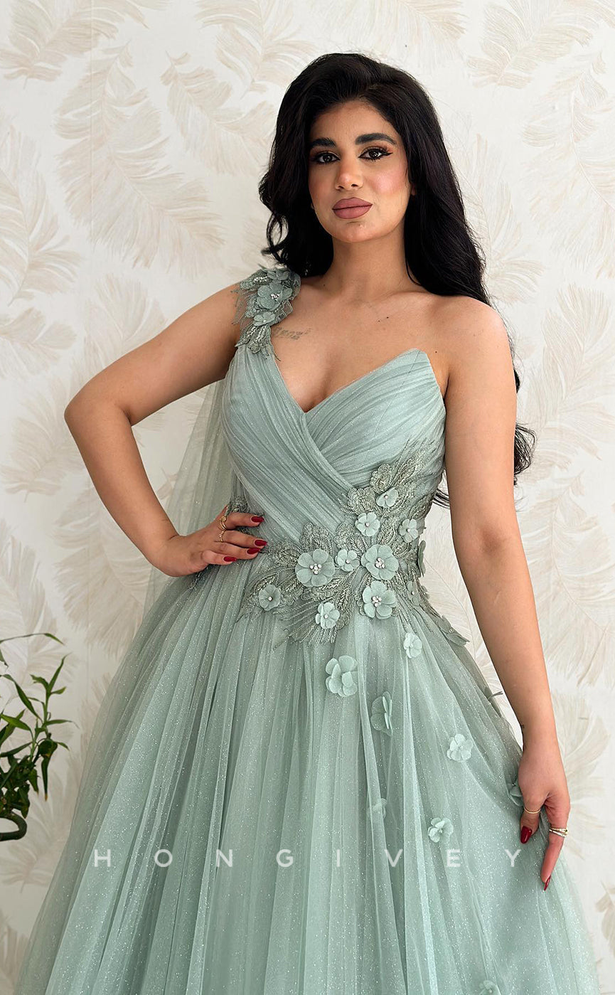 L1085 - Sparkly Floral Embossed With Train Formal Evening Party Prom Dress