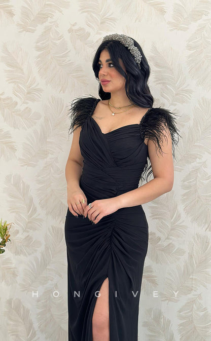 L1087 - Feathered Ruched With Train And Slit Evening Prom Formal Party Dress