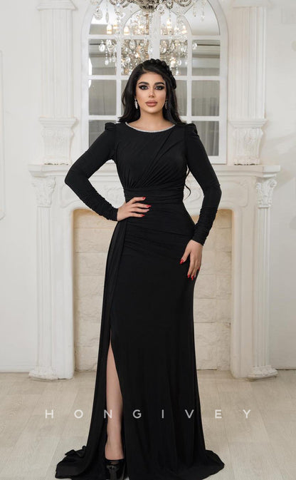 L1088 - Simple Long Sleeves Open Back Ruched With Train Prom Formal Evening Party Dress
