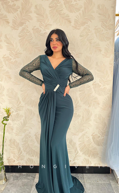 L1089 - Sequined Long Sleeves Ruched With Train Prom Formal Evening Party Dress