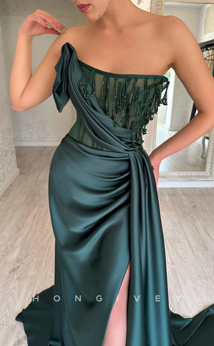 L1092 - Bead-Fringed Strapless Sheer With Train And Slit Evening Party Formal Prom Dress