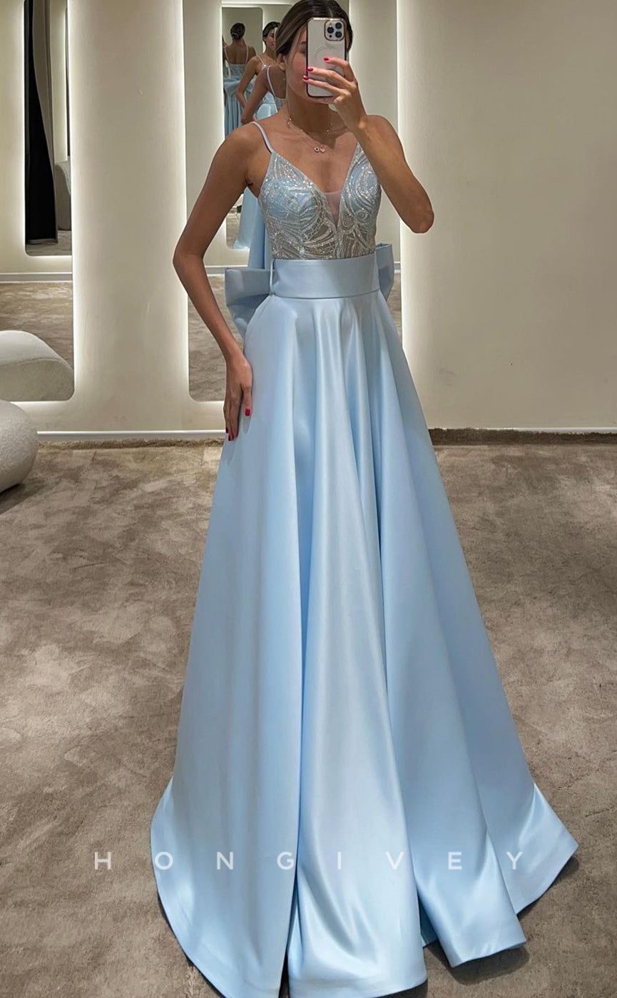 L1093 - Sequined Embroidered Plunging Illusion Sheer With Bow Detail Evening Party Formal Prom Dress