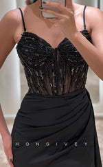 L1094 - Illusion Lace Crystal Beaded With Train And Slit Party Formal Prom Evening Dress