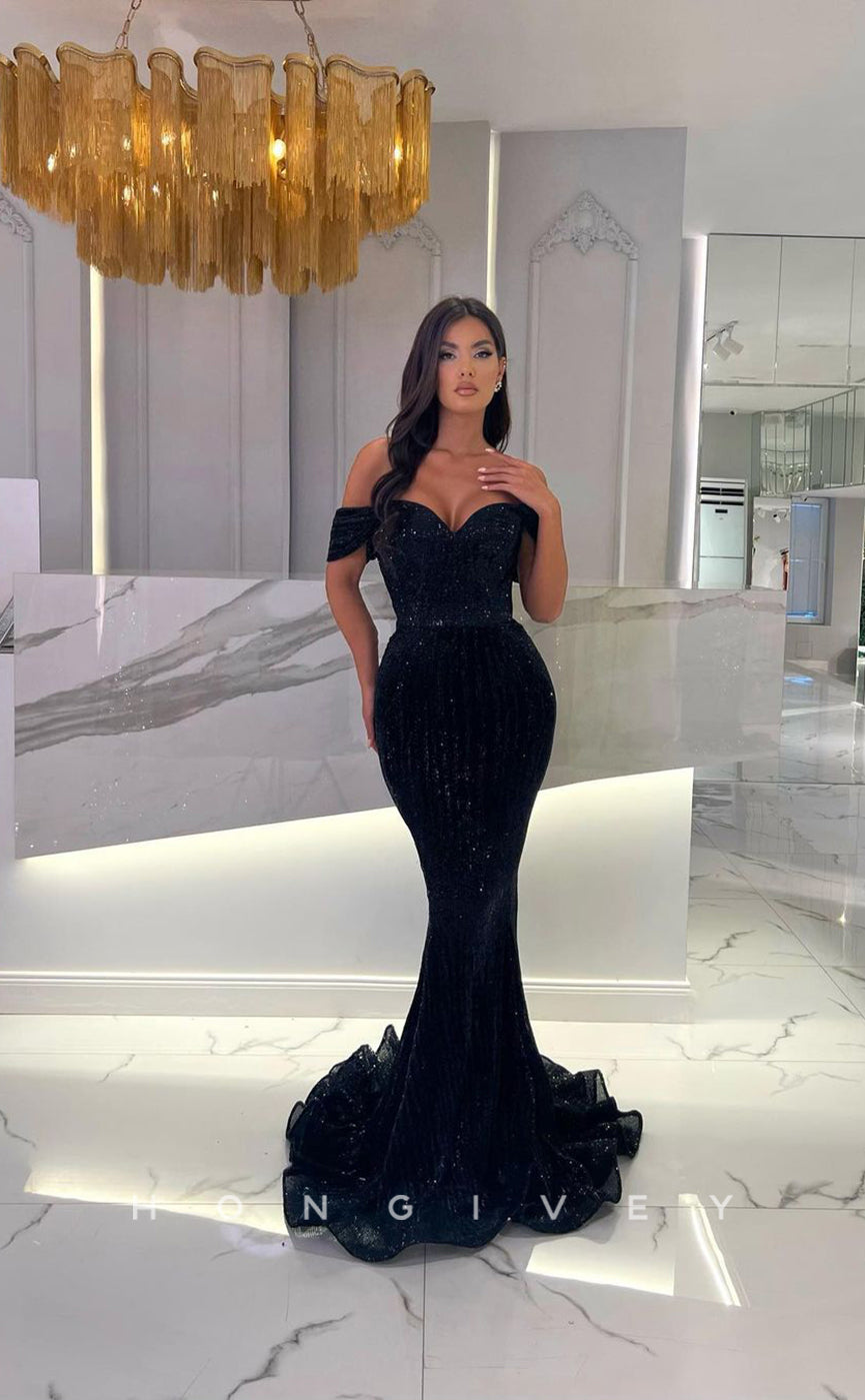 L1102 - Fully Sequined Off- Shoulder Mermaid With Train Evening Formal Party Prom Dress