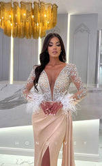 L1106 - Crystal Beaded Feathered Sheer Plunging Illusion With Train And Slit Evening Formal Party Prom Dress