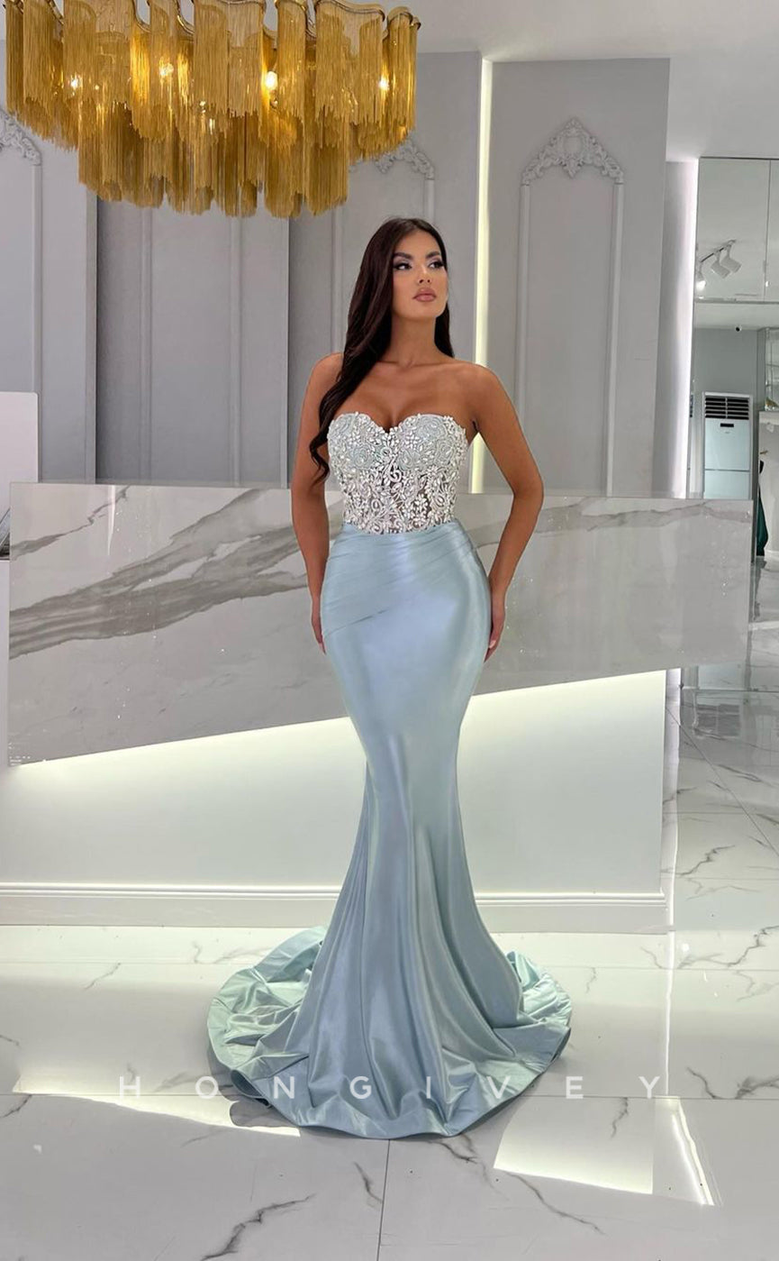 L1107 - Illusion Crystal Beaded Strapless Trumpet With Train Evening Formal Party Prom Dress
