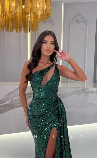 L1108 - Sparkly Fully Sequined Cutout With Train And Slit Evening Party Prom Formal Dress