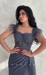 L1110 - Illusion Feathered Crystal Beaded With Train And Slit Evening Party Prom Formal Dress