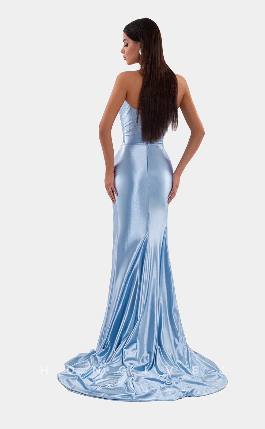 L1131 - Sequined Embellished Strapless With Train And Slit Formal Party Prom Evening Dress
