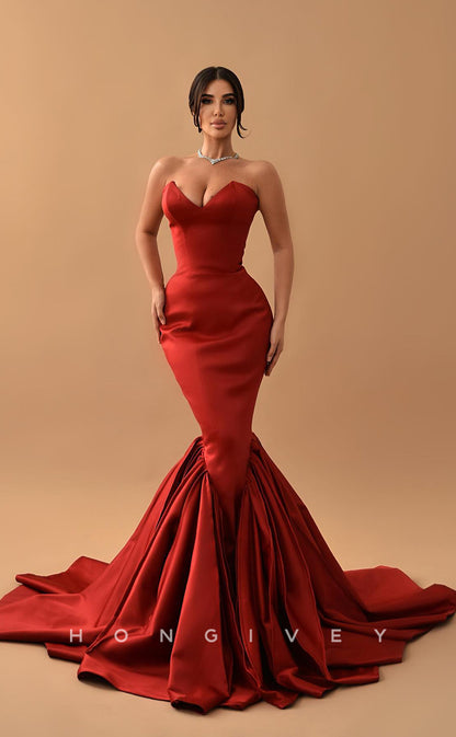 L1140 - Couture Ruched Strapless Mermaid With Train Party Prom Evening Formal Dress