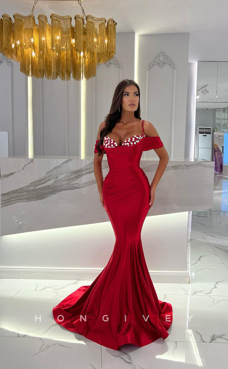 L1142 - Crystal Beaded Ruched Mermaid With Train Formal Party Prom Evening Dress