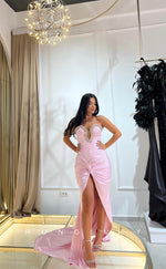 L1145 - Crystal Beaded Strapless Plunging Illusion With Train And Slit Party Prom Evening Formal Dress