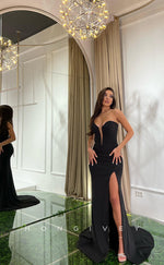 L1147 - Simple Strapless Plunging Illusion With Train And Slit Evening Formal Party Prom Dress