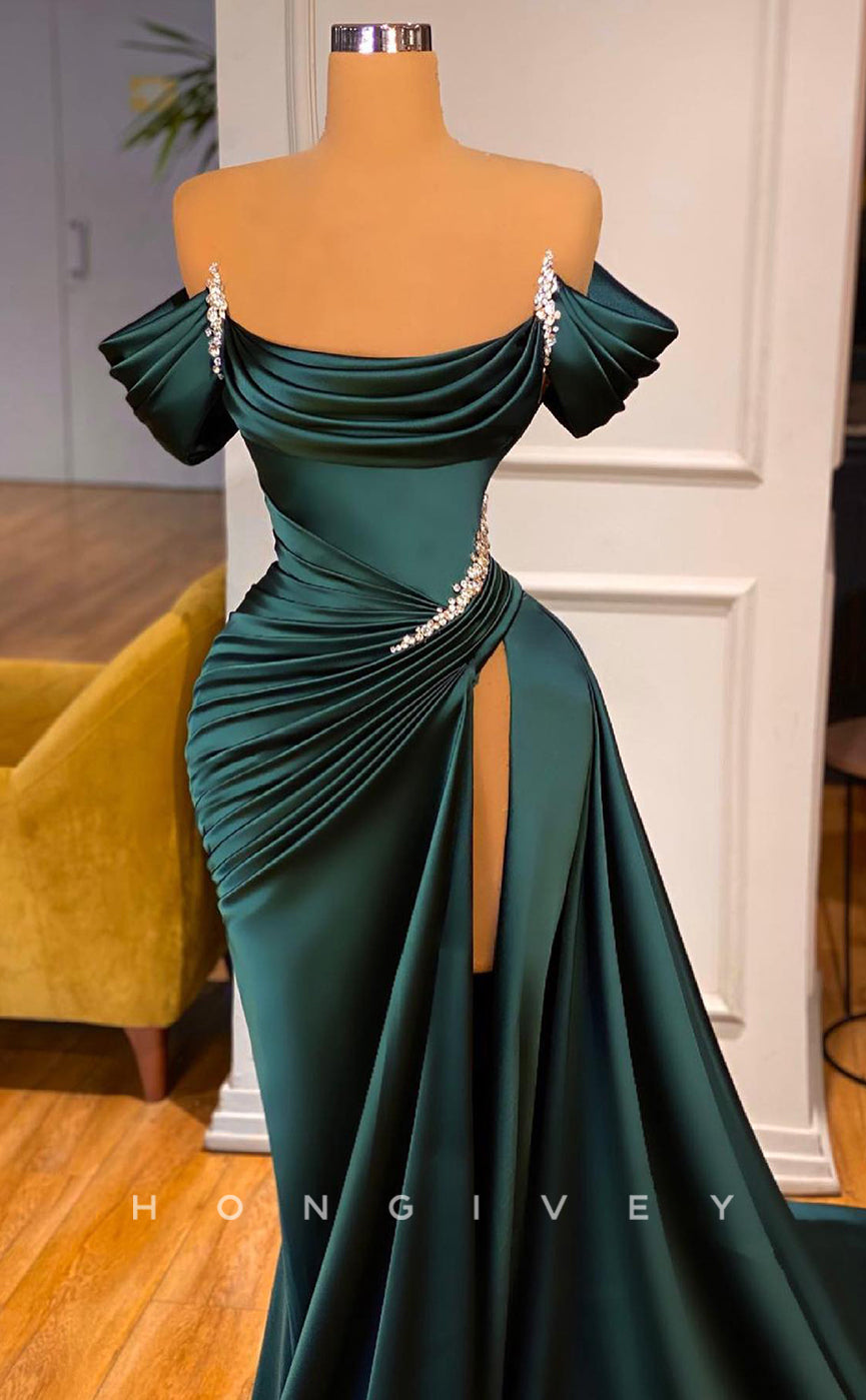 L1158 - Crystal Beaded Ruched With Train And Slit Formal Party Prom Evening Dress