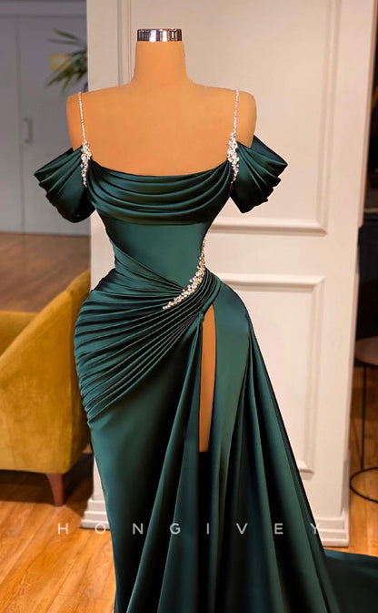 L1158 - Crystal Beaded Ruched With Train And Slit Formal Party Prom Evening Dress