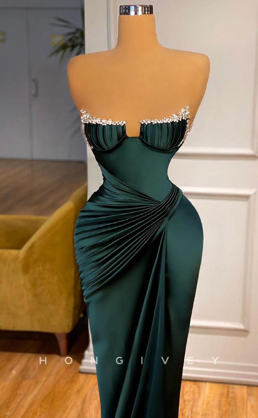 L1159 - Crystal Beaded Ruched Mermaid With Train And Slit Party Prom Evening Formal Dress