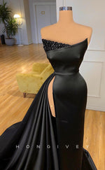 L1161 - Sequined Embellished Ruched Strapless With Train And Slit Party Prom Evening Formal Dress